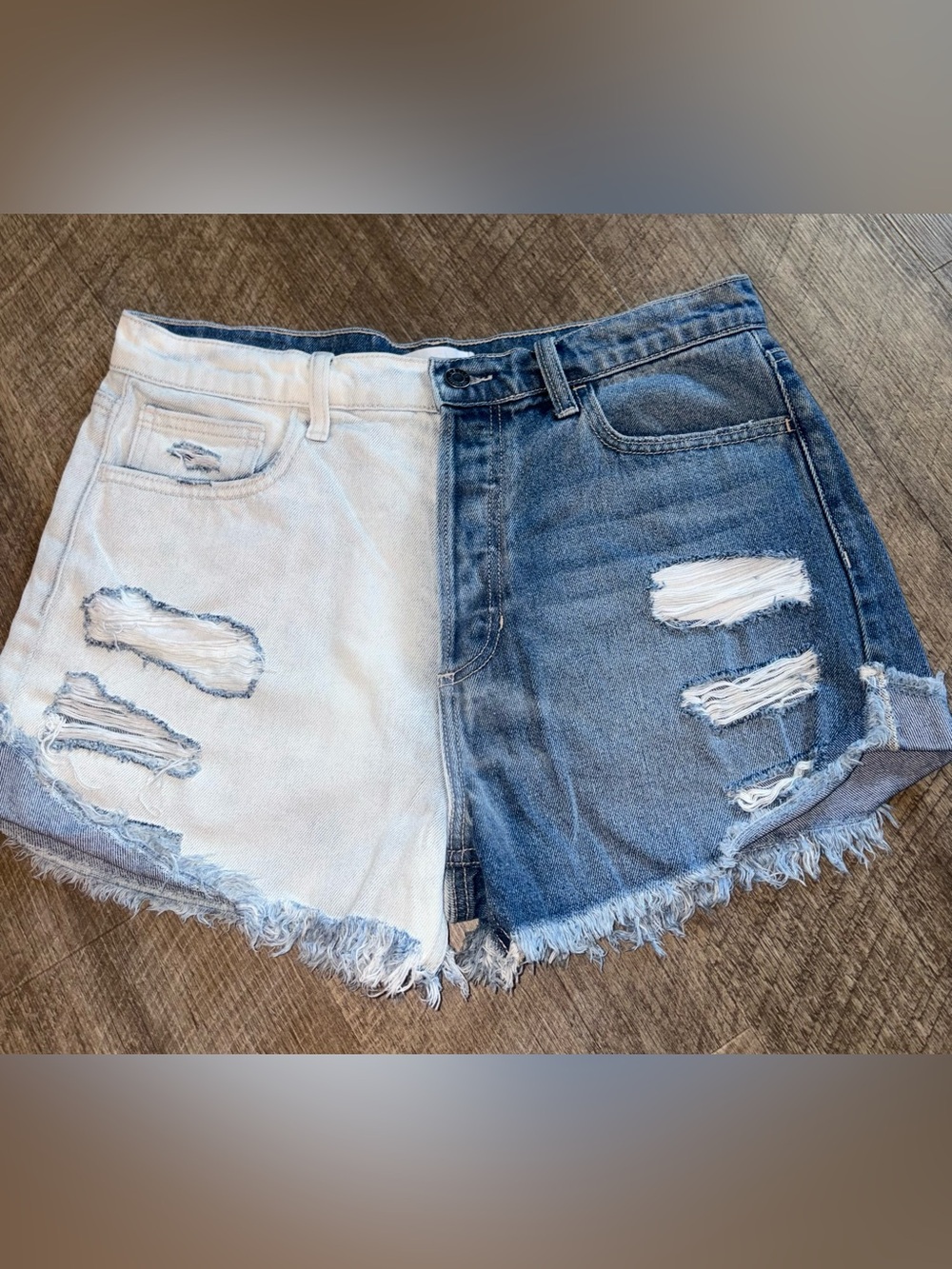 Cello Two-Tone Distressed Denim Jean Shorts - Light Blue & Dark Blue